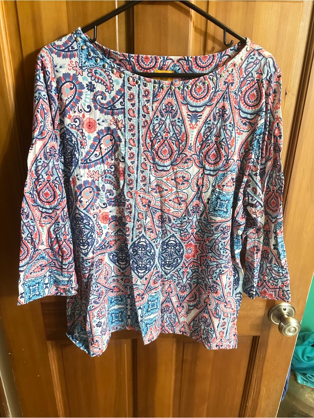 Ruby Rd. Coral & Blue Paisley Boatneck Tunic